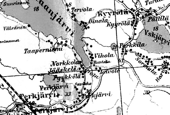 Пристанционный посёлок и деревня Перкъярви на финской карте 1923 года