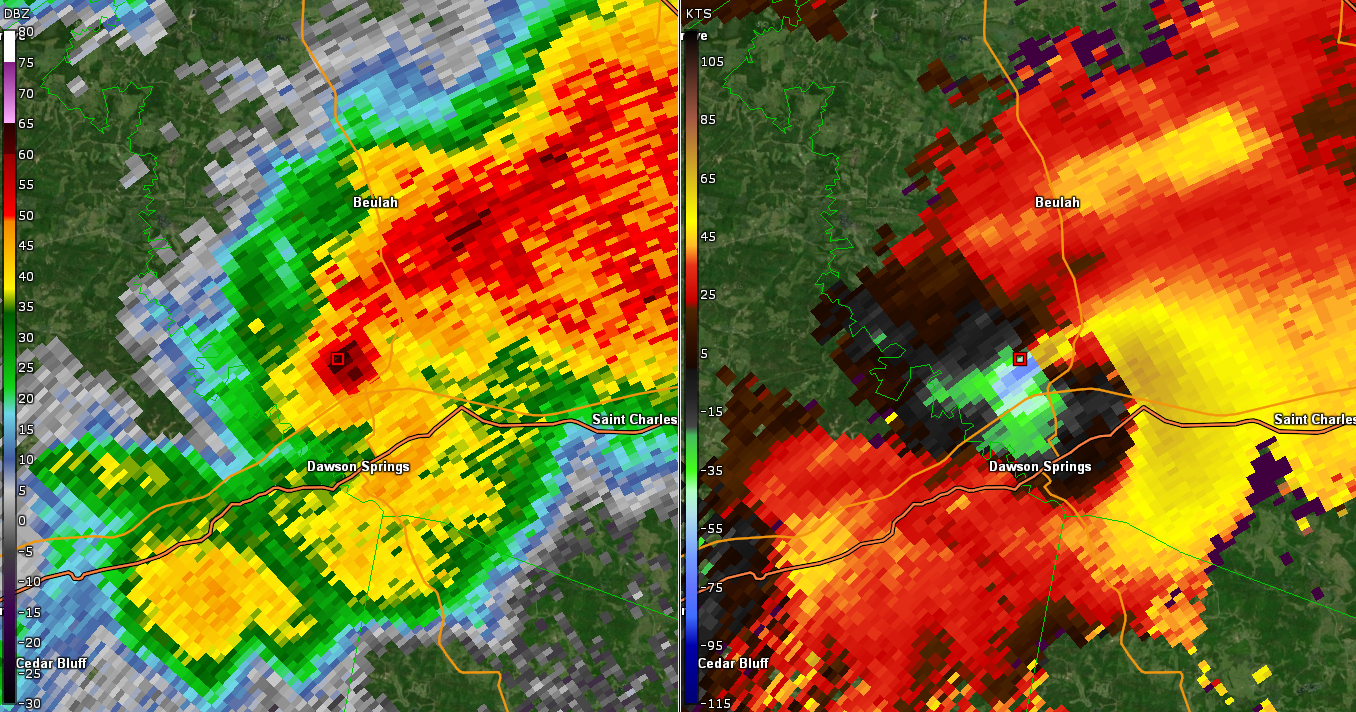 Radar image of the EF3 Charleston tornado at peak intensity near Charleston north of Dawson Springs.