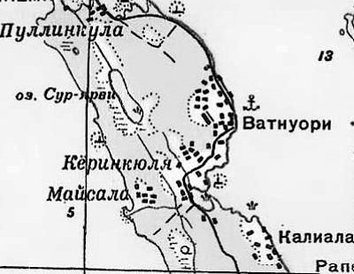 Деревни Ватнуори и Калиала на советской карте 1940 года