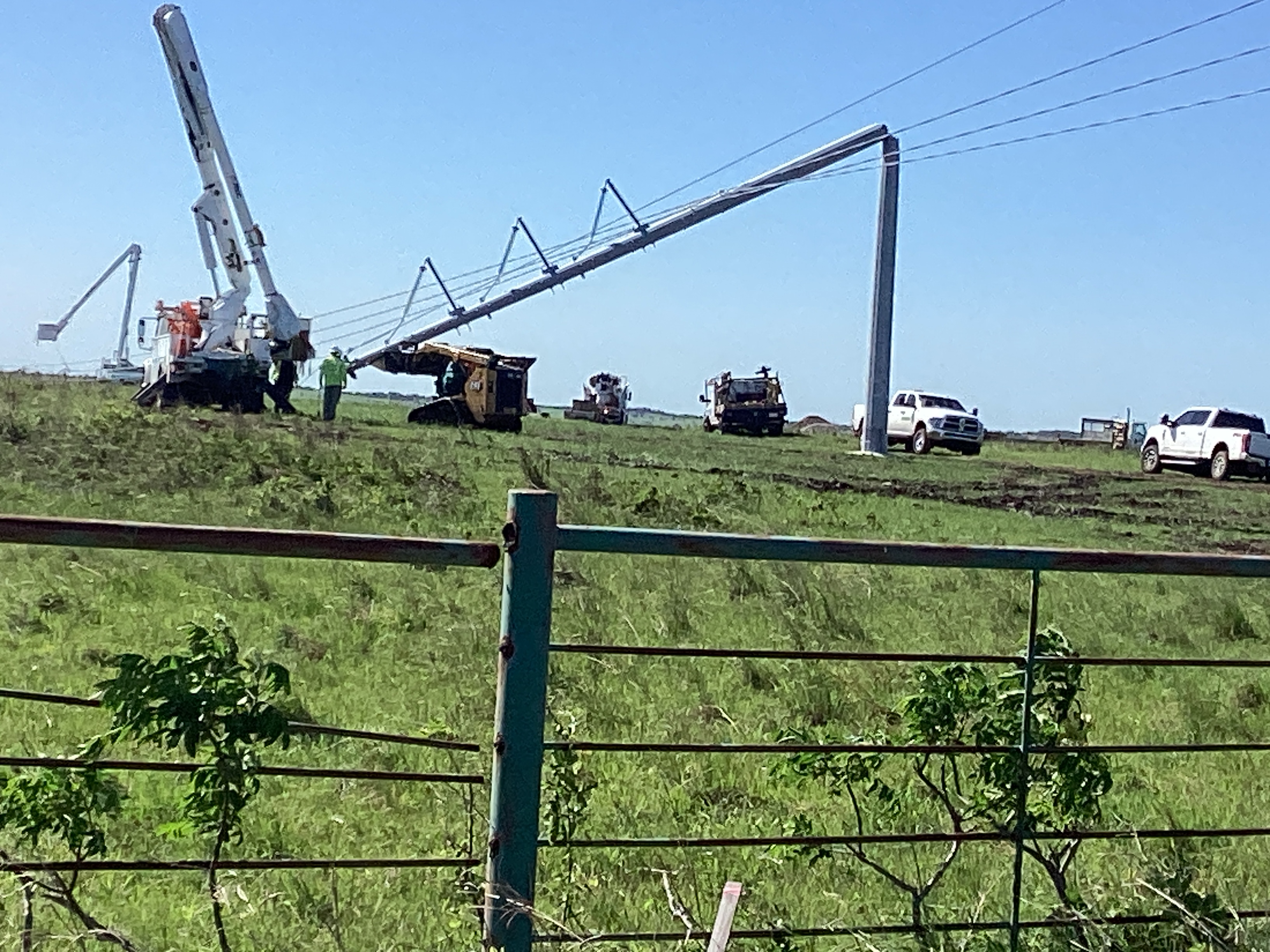 A steel pole that was bent at low-end EF3 intensity east of Hominy, Oklahoma.