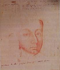 Le dessin de Blaise Pascal réalisé par Jean Domat avec note de son fils Gilbert: "Portrait de Monsieur Pascal fait par mon père"