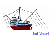Diagram of a commercial troll vessel using outriggers to tow trolling lines