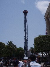 the central, metal laticework spire of the Batwing Spaceshot ride.