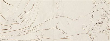 Ingres, dessin de mémoire représentant La Dormeuse de Naples figurant au verso d'une lettre adressée à Caroline Murat en 1832 (Bibliothèque nationale, département des manuscrits).