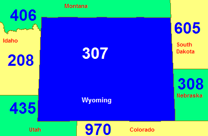 Wyoming's numbering plan area and area code (blue)