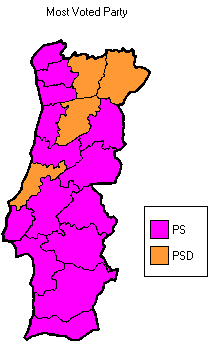 Most voted political force by district. (Madeira and Azores not shown)