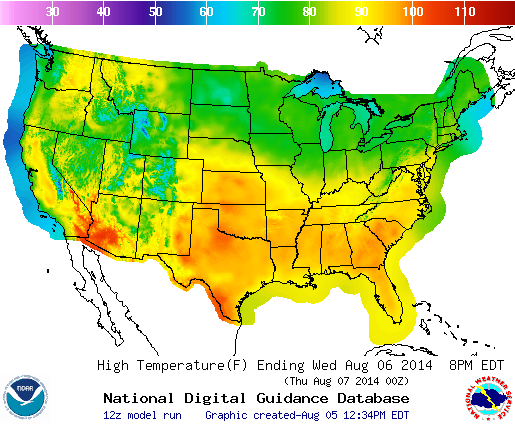 Gridded MOS daytime high temperature over the conterminous United States for 6 August 2014.