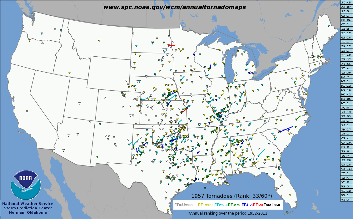 Tornado tracks of 1957.