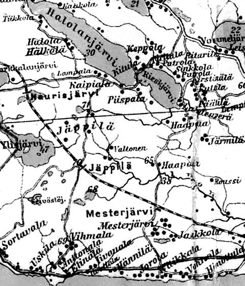 Деревня Яакковала (Яаккола) на финской карте 1923 года