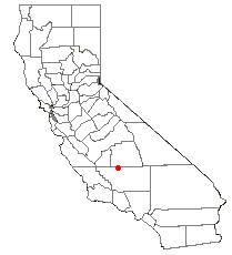 Map of California with red dot representing location of city of Delano