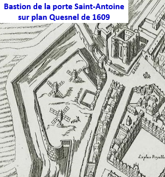 Sur ce plan dessiné par François Quesnel en 1609, on voit bien la porte médiévale et son avant-portail au débouché du pont dormant.