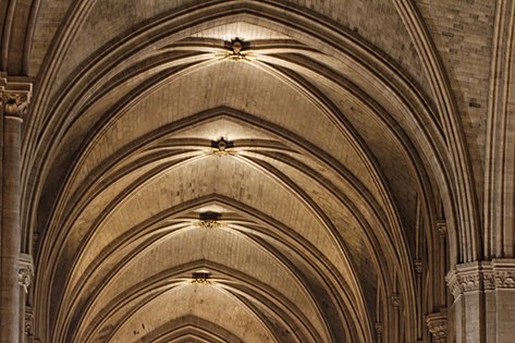 Underside of rib vaulting, whose thrust outward onto the walls is countered by the inward thrust of the flying buttresses. If the vaulting had collapsed, the walls could have collapsed into the nave.