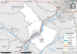 Carte en couleur présentant le réseau hydrographique de la commune