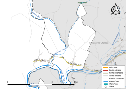 Carte en couleur présentant le réseau hydrographique de la commune