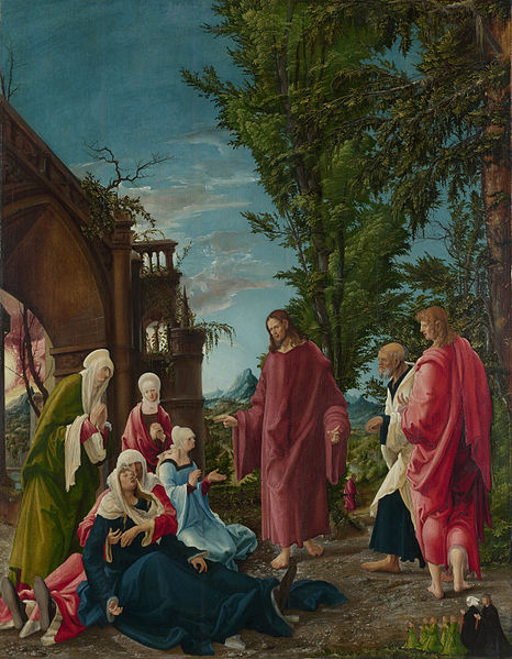 Original – Christ taking Leave of his Mother, probably 1520, one of the early landscape painting, Albrecht Altdorfer's masterpiece. 141 cm (55.5 in). Width: 111 cm (43.7 in).