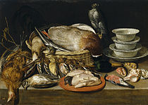 1611, from the Prado set. Arguably the first still-life of dead game birds. [2]