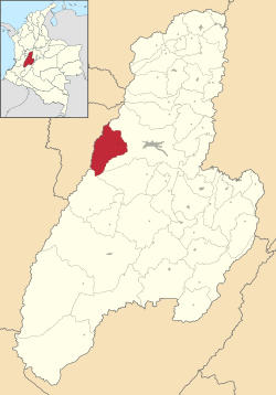 Location of the municipality and town of Cajamarca, Tolima in the Tolima Department of Colombia.