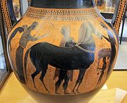 Une amphore d'Exékias. Face B : Léda et Tyndare accueillent le retour de Castor et Pollux. 540-530. Musée du Vatican
