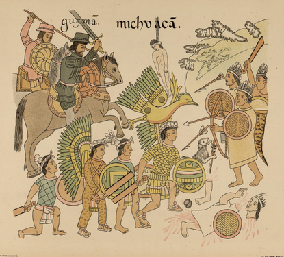 Tlacuilo Tlaxcalteca ilustra a los Tlaxcaltecas liderando el ataque contra Purépechas ilustrados desfavorablemente con penachos similares a los nativos Taínos, Conquista de Michoacán en el Lienzo de Tlaxcala 1552.