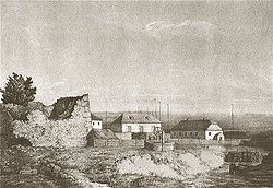 19th-century view of the destroyed castle; sketch by Napoleon Orda