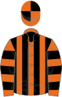 Orange, black stripes, black hoops on sleeves, orange and black quartered cap