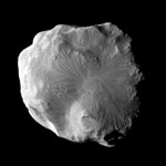 Flow-like features on Helene's leading hemisphere (Cassini, January 2011)