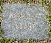 Grave of Margaret Geare (1817–1897), also known as Mary and Marguerite was the first person buried in the cemetery. She was buried on Oct. 12, 1897