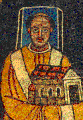 Pope Paschal I presenting a model of the Basilica to Christ. His square halo indicates that he was alive when the mosaic was made.