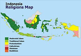 Carte géographique de l'Indonésie, colorée en fonction du groupe religieux majoritaire de chaque région.