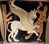 A satyr, a griffin and an Arimaspus. Detail from an Attic red-figure calyx-krater, ca. 375–350 BC. From Eretria.