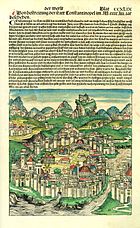 Página representando Constantinopla da Crônica de Nuremberg, 1491; a imagem é uma xilogravura da oficina de Wolgemut com pintura à mão adicionada