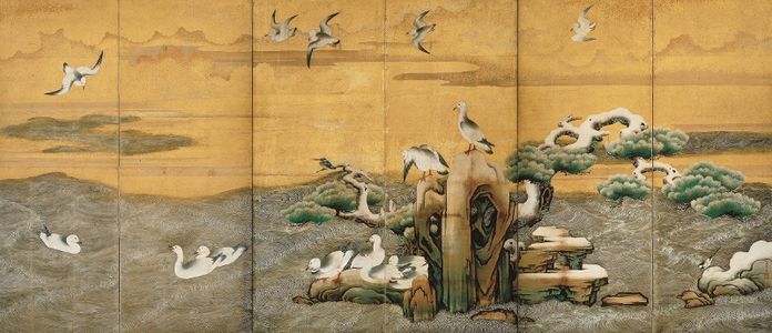 Waterfowl of the Winter Beach. Folding screen, right panel. 1629. Important Cultural Property