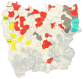 Languages of sermons in Roman Catholic parishes in the 17th century (red - Polish, yellow - Czech, blue - German, striped - Polish and German