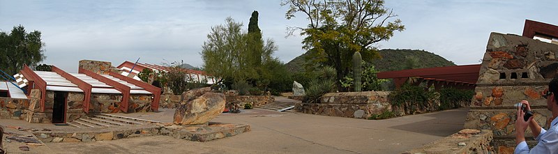 Facades of the office and main building at Taliesin West, as seen from the entrance court