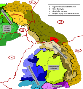 Carte de localisation de la Tchornohora (C11) au sein des Carpates orientales extérieures (brun à jaune-ocre).