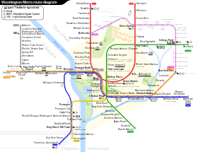 Map depicting the purple line's route in relation to the Washington Metro's train lines. The map is fairly schematic and not very geographically accurate.