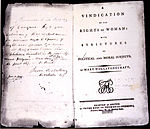 Page frontispice de A Vindication of the Rights of Woman: with Strictures on Political and Moral Subjects, ouvrage de Mary Wollstonecraft réclamant plus de droits pour les femmes. Livre publié en 1792 à Boston aux États-Unis.