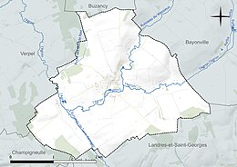 Carte en couleur présentant le réseau hydrographique de la commune