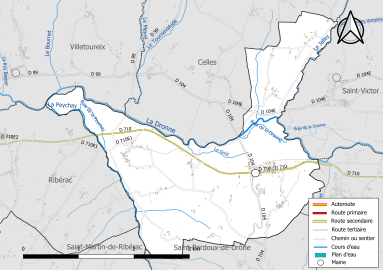 Carte en couleur présentant le réseau hydrographique de la commune