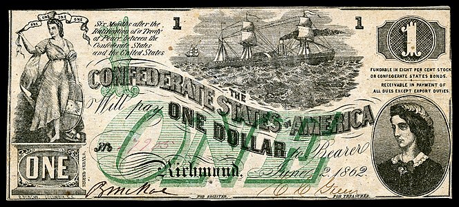 One Confederate States dollar (T45), by B. Duncan