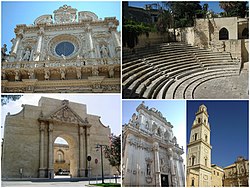 Clockwise from top left: Church of Santa Croce; Roman Theatre; the cathedral's bell tower; Lecce Cathedral ("Cattedrale di Santa Maria Assunta"); and Porta Napoli, in Viale Università