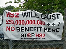 Banner reads in part: "No benefit here. Stop HS2"