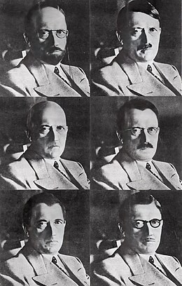 Several achromatic variations of the same portrait of Hitler with cosmetic variations concealing his natural likeness