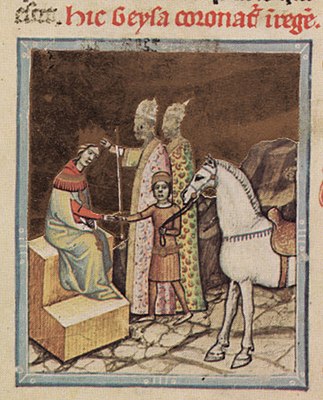 Chronicon Pictum, Hungarian, Hungary, King Géza II, Prince Ladislaus, throne, coronation, crown, sword, bishop, white horse, medieval, chronicle, book, illumination, illustration, history