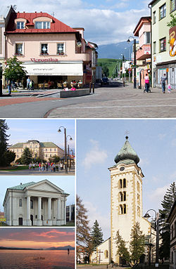 Pictures from the top clockwise: - Pedestrian zone and the market square - Gothic church of St. Nicolaus - Sunset by the Liptovská Mara lake - Synagogue in Liptovský Mikuláš - Town hall in the city center