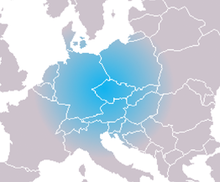 Une carte de l'Europe, dont la partie centrale est mise en évidence par une zone colorée aux contours flous