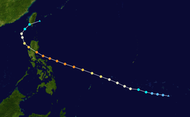 The path of a tropical cyclone as represented by colored dots. The color of each dot denotes its intensity while its position marks the location of the cyclone at six hour intervals.