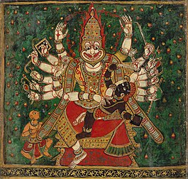 Narasimha tuant le démon Hiranyakashipu sur son genou, sous le regard de Prahlada (à gauche), feuillet du XVIIIe siècle provenant d'un livre de peintures religieuses et mythologiques, copiées d'après des originaux situés dans une pagode brahmanique du Karnataka. (définition réelle 3 473 × 3 300)