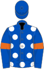 Royal blue, white spots, orange armlets, royal blue cap