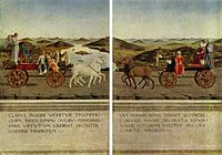 Allegories on the back of the double portrait of Battista Sforza and Federico Montefeltro, by Piero della Francesca, c. 1465-1472. Horses pull Federico’s car and Battista’s is pulled by unicorns.[2]